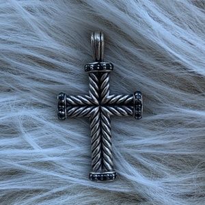 David Yurman Chevron Silver Cross Pendant Diamonds